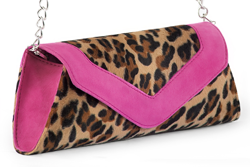 Women's animal print and shocking pink luxurious elegant clutch for ceremonies, weddings and evenings out. - Front view